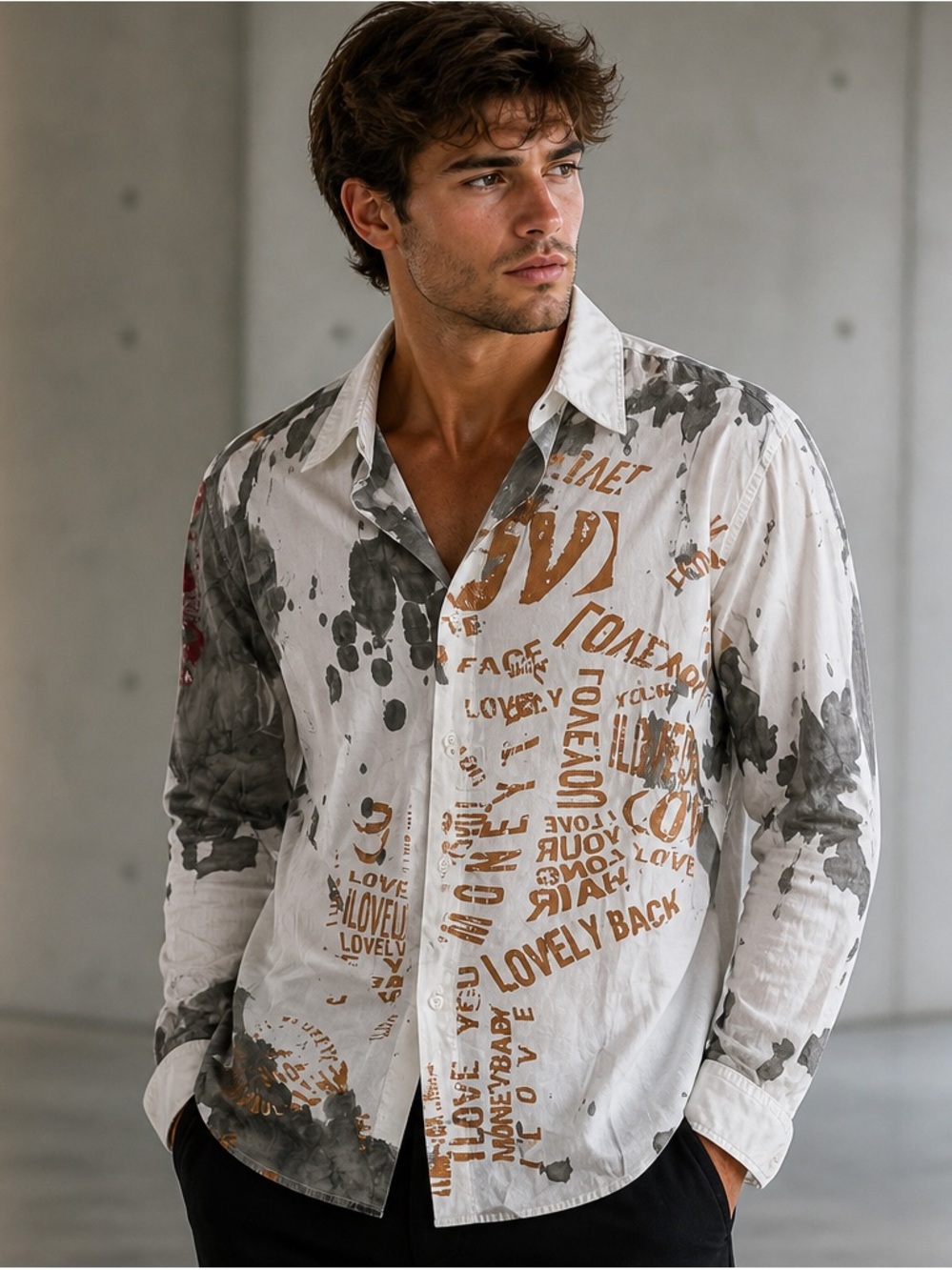 Men's White Graphic Long-Sleeve Button-Up Shirt